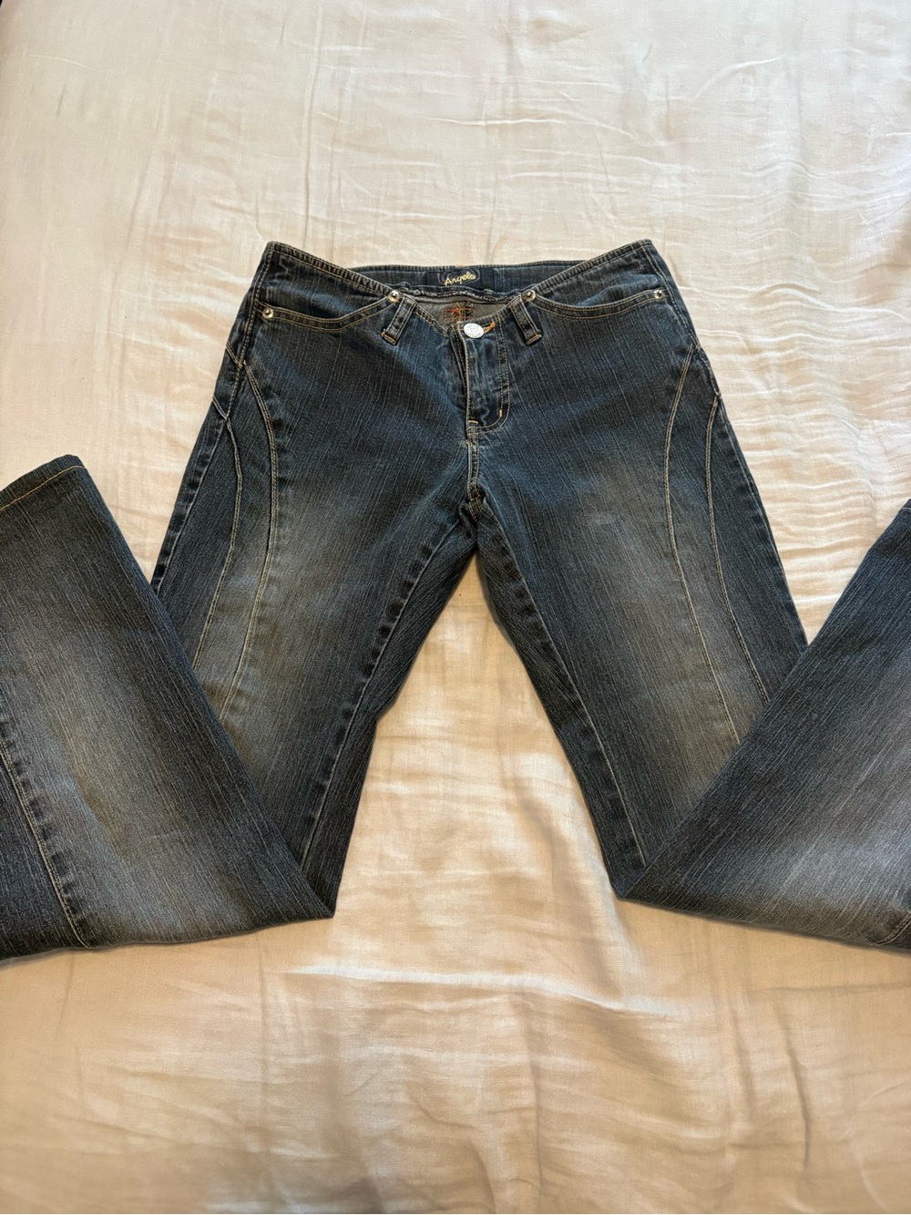 Vintage Angels Dark Wash Blue Low Rise Flare Bootcut Jeans with Stitch Detail